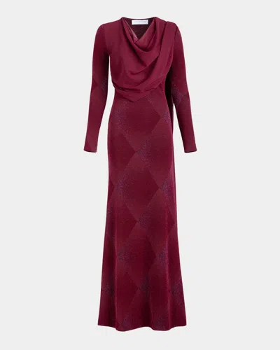 Silvia Tcherassi Moon Shimmer Diamond Velvet Draped Long-sleeve Maxi Dress In Burgundy