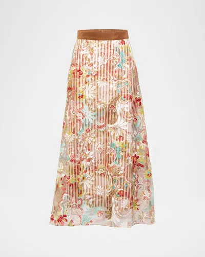 Silvia Tcherassi Nelida Floral Embroidered Layered Stripe Midi Skirt In Brown
