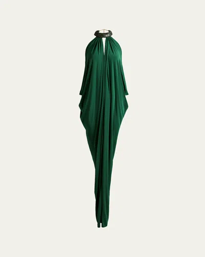Silvia Tcherassi Niagara Draped Leather-trim Halter Maxi Dress In Green