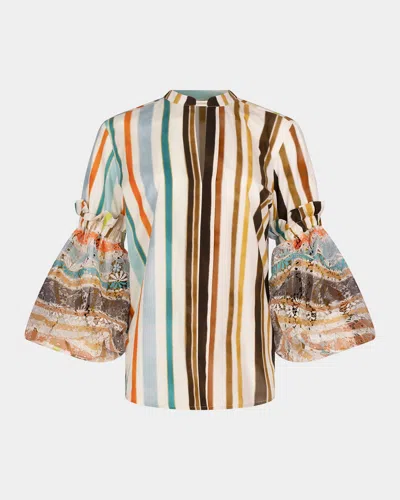 SILVIA TCHERASSI NURU STRIPED EYELET PUFF-SLEEVE BLOUSE