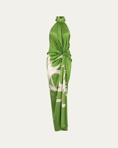 Silvia Tcherassi Olatz Abstract Halter Knotted Silk Dress In Greenblm