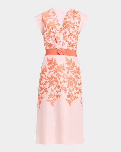 Silvia Tcherassi Olive Embroidered Linen Midi Dress With Belt In Multi