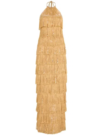 Silvia Tcherassi Women's Oriana Tiered Fringe Cotton-blend Gown In Gold