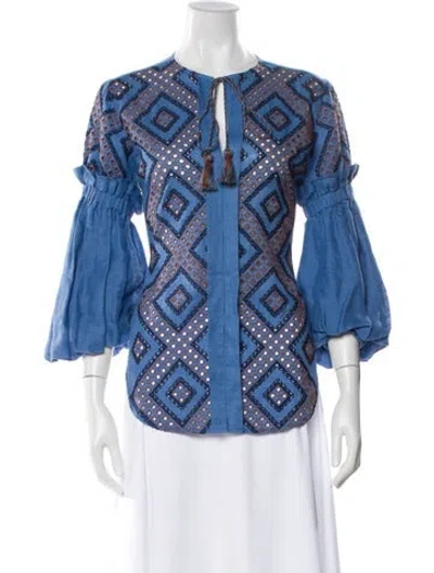 Pre-owned Silvia Tcherassi Patterned Tie Neck Blouse In Blue