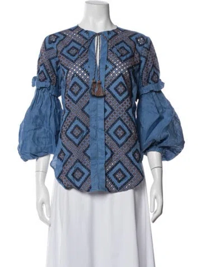 Pre-owned Silvia Tcherassi Patterned Tie Neck Blouse In Blue