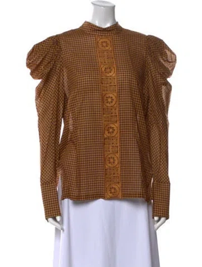 Pre-owned Silvia Tcherassi Plaid Print Mock Neck Button-up Top In Brown