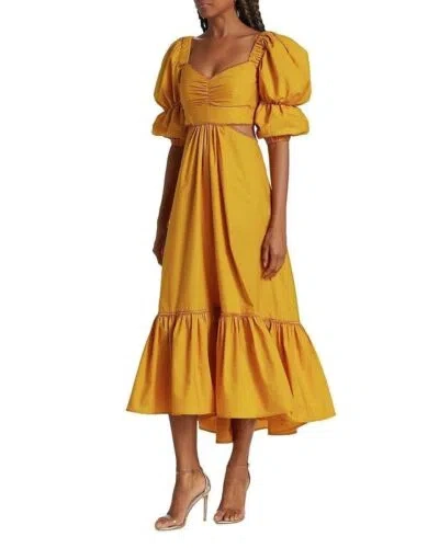 Pre-owned Silvia Tcherassi Puff Sleeve Midi Dress Cut Out Yellow V Neck Cotton Sz S