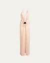 Silvia Tcherassi Rowan Gathered Hammered Silk Plunging Halter Maxi Dress In Pink
