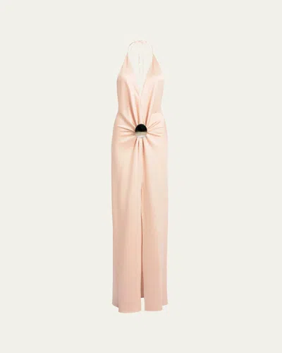 Silvia Tcherassi Rowan Gathered Hammered Silk Plunging Halter Maxi Dress In Pink