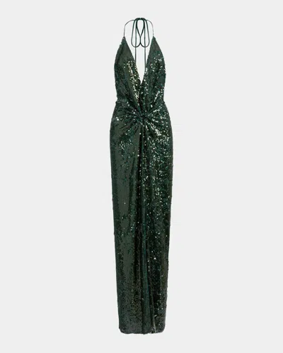 Silvia Tcherassi Rowan Twisted Plunging Halter Sequined Maxi Dress In Green