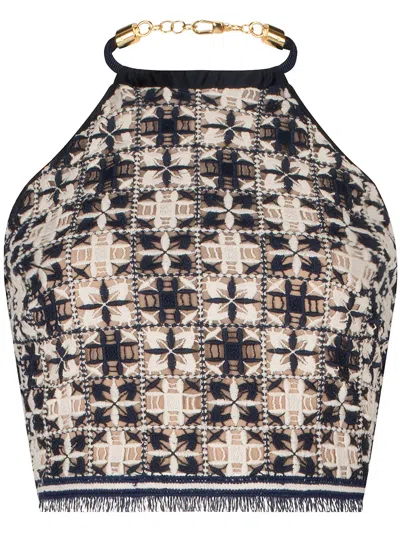 Silvia Tcherassi Salma Cropped Halter Cotton-blend Tweed Top In Navy