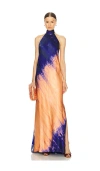 Silvia Tcherassi Tie-dye Sherry Backless Halter Gown In Mediterranean Coral Blue