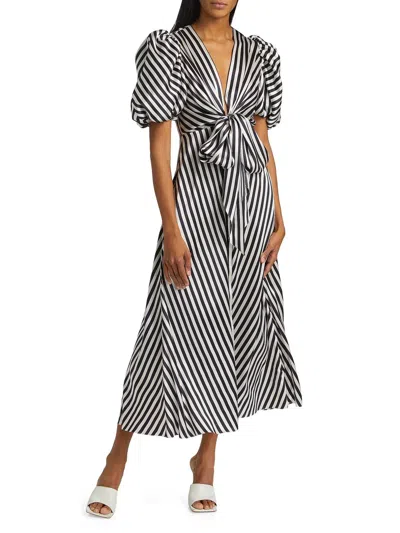 Silvia Tcherassi Stripe Wrap Silk Tie Midi Dress In White / Blue In Multi