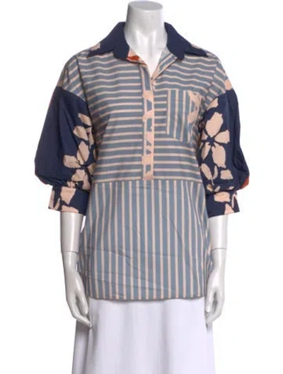 Pre-owned Silvia Tcherassi Striped Three-quarter Sleeve Button-up Top W/ Tags In Blue