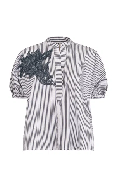 Silvia Tcherassi Susanne Flower-embellished Puff-sleeve Striped Blouse In Whtblust