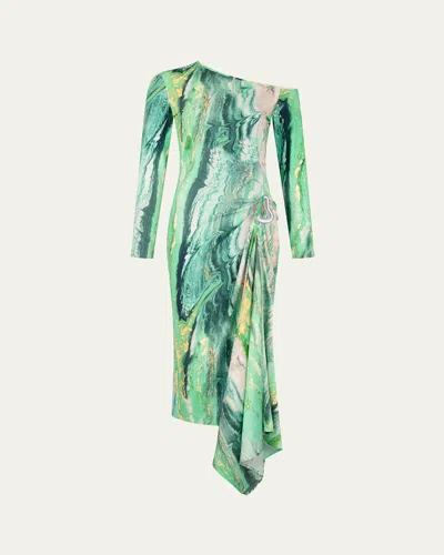Silvia Tcherassi Tahia Off-the-shoulder Long-sleeve Draped Midi Dress In Green Mable
