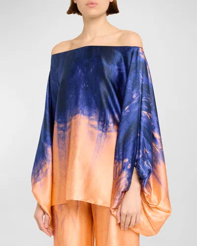 Silvia Tcherassi Tie-dye Bellagio Off-shoulder Blouse In Mediterranean Coral Blue