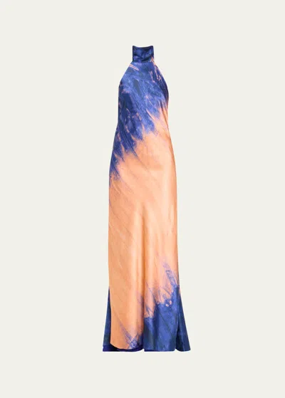 Silvia Tcherassi Tie-dye Sherry Backless Halter Gown In Blue