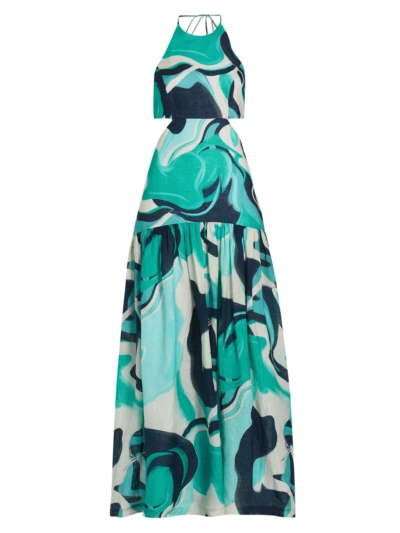 Silvia Tcherassi Women's Rosalia Printed Linen Maxi Dress In Turquoise Marble