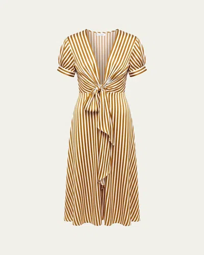 Silvia Tcherassi Zila Plunging Knot Striped Silk Midi Dress In Brown