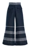 Silvia Tcherassi Zina Embroidered Linen Flare Crop Pants In Blue