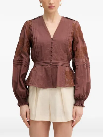 Silvian Heach Embroidered Pintuck-detail Blouse In Brown