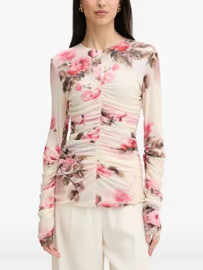 Silvian Heach Floral-print Ruched Top In Neutral