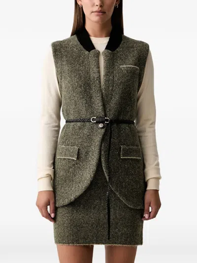 Silvian Heach Pireon Herringbone-pattern Belted Vest In Green