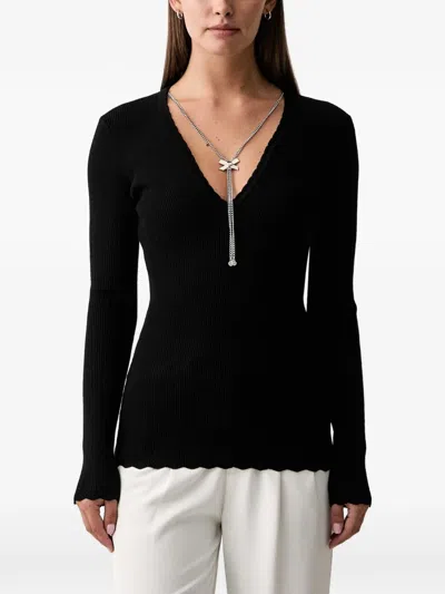 Silvian Heach Ribbed V-neck Blouse In Black