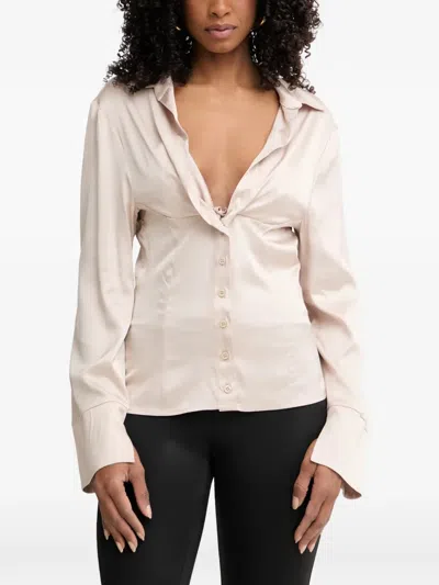 Silvian Heach Satin-finish Slit-cuff Shirt In Neutral
