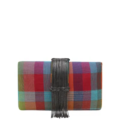 Simitri Women's Blue / Red / Green Madras Fringe Clutch In Brown
