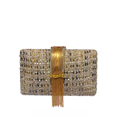 Simitri Women's Gold / Brown Beige Tweed Fringe Clutch