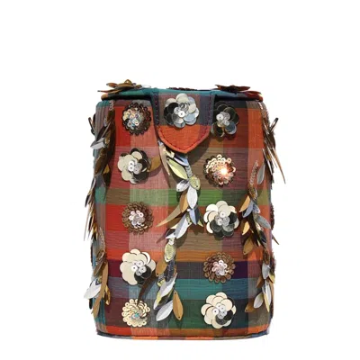 Simitri Women's Gold / Red / Brown Madras Bucket Bag In Multi