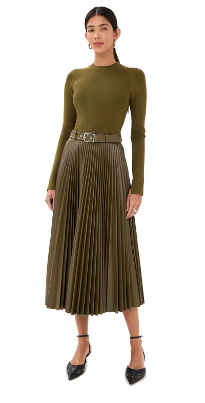 Simkhai Abilene Belted Pleated Ribbed-knit Midi Dress In Green