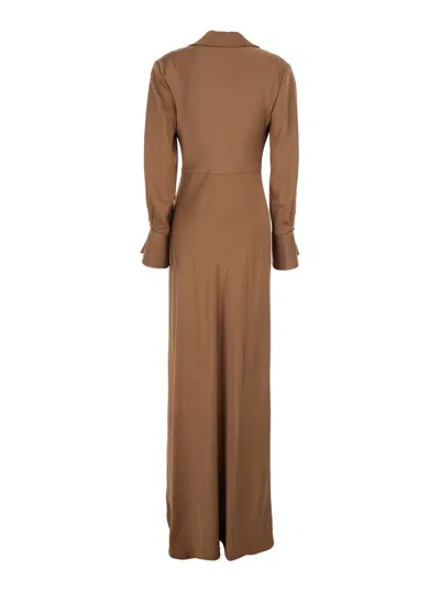 Simkhai Adelle Beige Long Dress With Draped Neckline And Wide Cuffs In Tech Fabric Woman In Brown