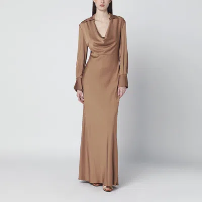 Simkhai Adelle Satin Dress Draped Front Maxi In Brown