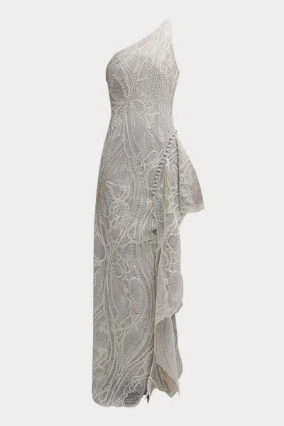 Simkhai Embroidered One-shoulder Gown In Silver