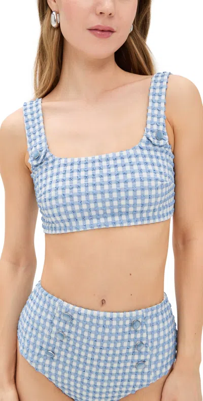 Simkhai Ainsley Button Front Tank Bikini Top Blue Hydrangea Gingham