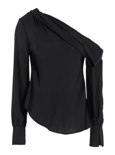 Simkhai Lysette Compact Rib L-s Asymmetric Mock Neck Top In Black