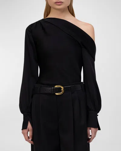 Simkhai Alice Draped Satin One-shoulder Top In Black