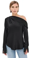 Simkhai Lysette Compact Rib L-s Asymmetric Mock Neck Top In Black