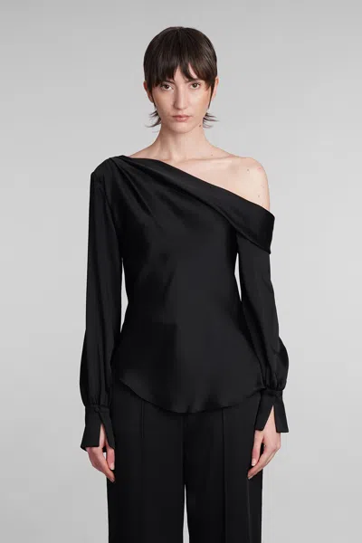 Simkhai Lysette Compact Rib L-s Asymmetric Mock Neck Top In Black