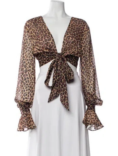 Pre-owned Simkhai Animal Print V-neck Crop Top In Brown