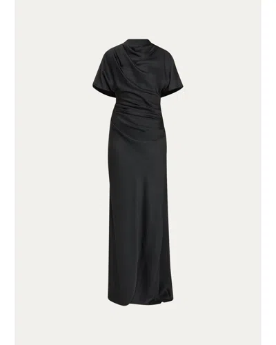 Simkhai Annibelis Draped Cape-sleeve Satin Gown In Black