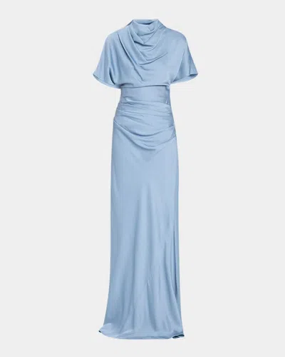 Simkhai Annibelis Draped Cape-sleeve Satin Gown In Blue