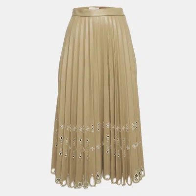 Pre-owned Simkhai Beige Leather Pleated Laser-cut Harden Midi Skirt M In Sand