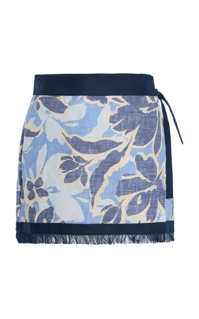 Simkhai Bethany Hydrangea-printed Linen Mini Wrap Skirt In Blue