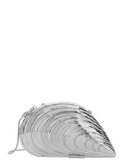 Simkhai Bridget Metallic Clutch With Logo Patch And Oyster Shell Design In Brass Woman In Silver