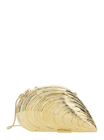 Simkhai Bridget Metallic Clutch With Logo Patch And Oyster Shell Design In Brass Woman In Silver