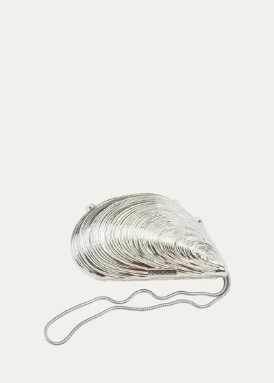 Simkhai Bridget Mini Metal Oyster Shell Clutch Bag In Silver